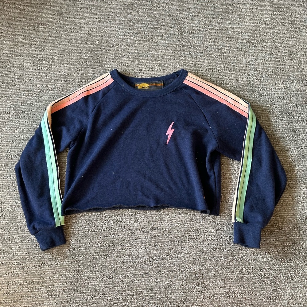Aviator Nation Cropped Sweatshirt - Bolt Embroidery & Rainbow Stripes
